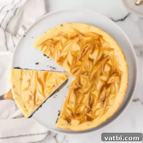 Decadent Caramel Cheesecake with Oreo crust.