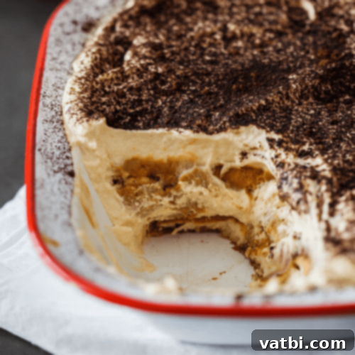Caramel Tiramisu in a glass dish.