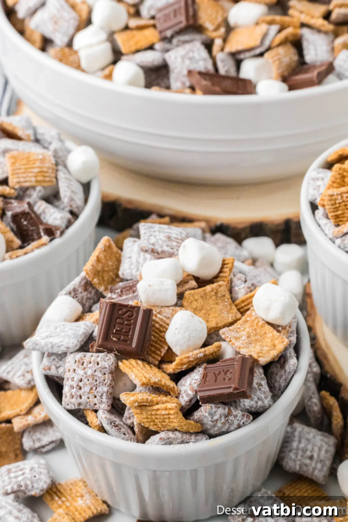 S'mores Campfire Crunch 12 Close-up of S'mores Puppy Chow in a white bowl, ready to be served.