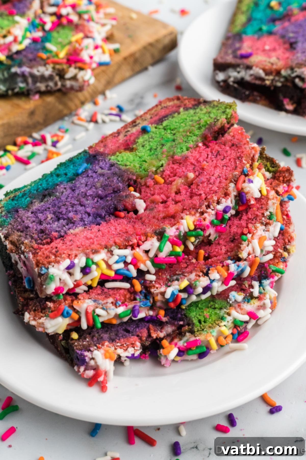 Rainbow Swirl Loaf 2 Sliced Unicorn Bread on a plate, showing its colorful layers and rainbow sprinkles.