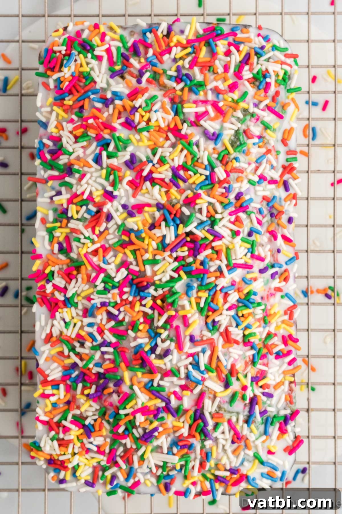 Rainbow Swirl Loaf 13 Unicorn Bread with freshly applied icing and rainbow sprinkles, cooling on a wire rack.
