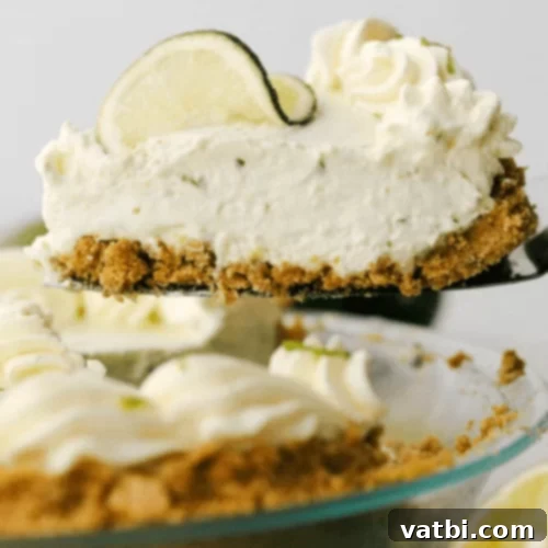 Bake-Free Bliss: 69 Easy Pie Recipes 8 A slice of No Bake Key Lime Pie garnished with lime slices.