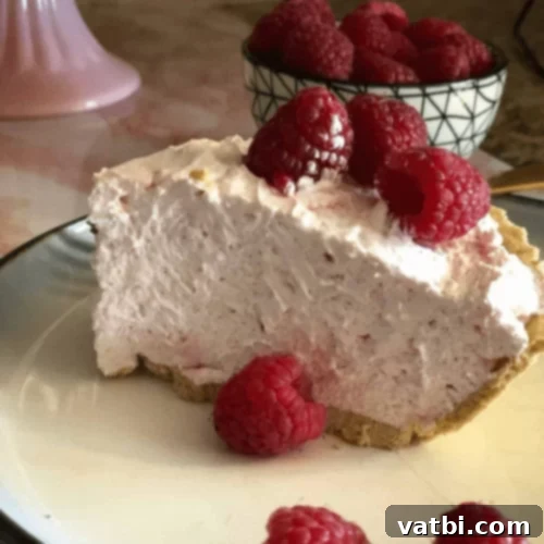 Bake-Free Bliss: 69 Easy Pie Recipes 23 A slice of No Bake Raspberry Cream Pie with fresh raspberries.