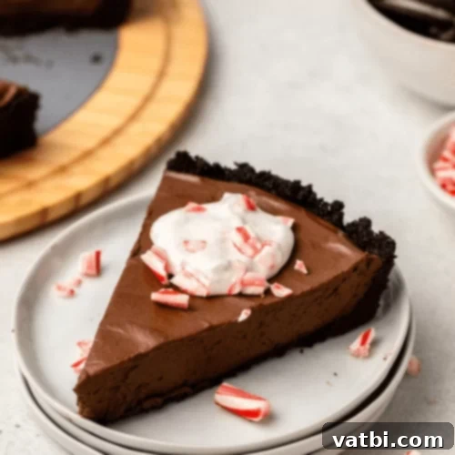 Bake-Free Bliss: 69 Easy Pie Recipes 26 A slice of No Bake Chocolate Peppermint Pie with crushed candy canes.