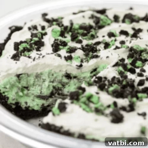 Bake-Free Bliss: 69 Easy Pie Recipes 29 A slice of No Bake Grasshopper Pie garnished with chocolate shavings and mint leaves.
