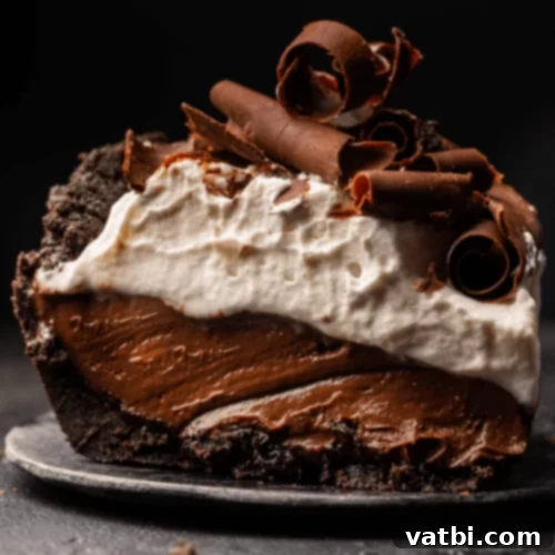 Bake-Free Bliss: 69 Easy Pie Recipes 30 A slice of No Bake Espresso Chocolate Pudding Pie with whipped cream and chocolate shavings.
