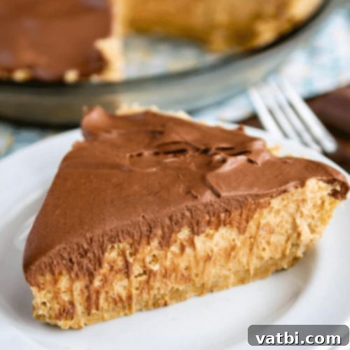 Bake-Free Bliss: 69 Easy Pie Recipes 37 A slice of No Bake Peanut Butter Twix Pie with chocolate and peanut butter swirls.