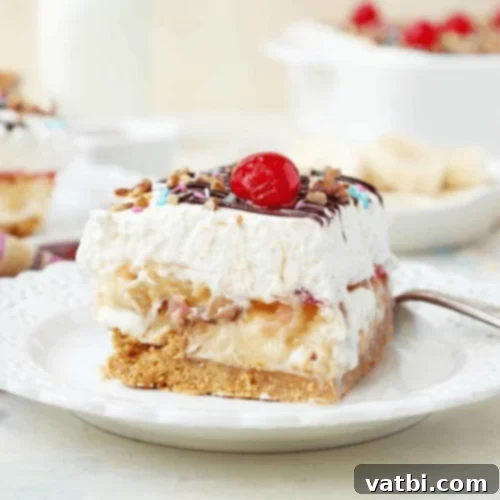 Bake-Free Bliss: 69 Easy Pie Recipes 46 A slice of No Bake Banana Split Pie with fruit and whipped cream toppings.