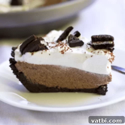 Bake-Free Bliss: 69 Easy Pie Recipes 51 A slice of No Bake French Silk Oreo Pie with whipped cream and crushed Oreos.