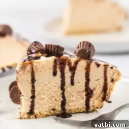 Bake-Free Bliss: 69 Easy Pie Recipes 3 A slice of No-Bake Peanut Butter Pie garnished with mini peanut butter cups.