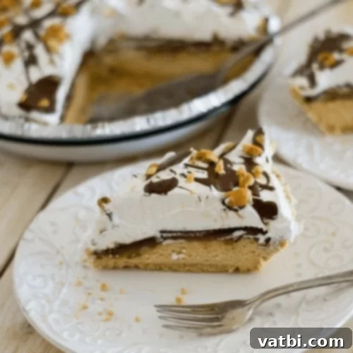 Bake-Free Bliss: 69 Easy Pie Recipes 58 A slice of No Bake Peanut Butter Caramel Cheesecake with caramel drizzle.