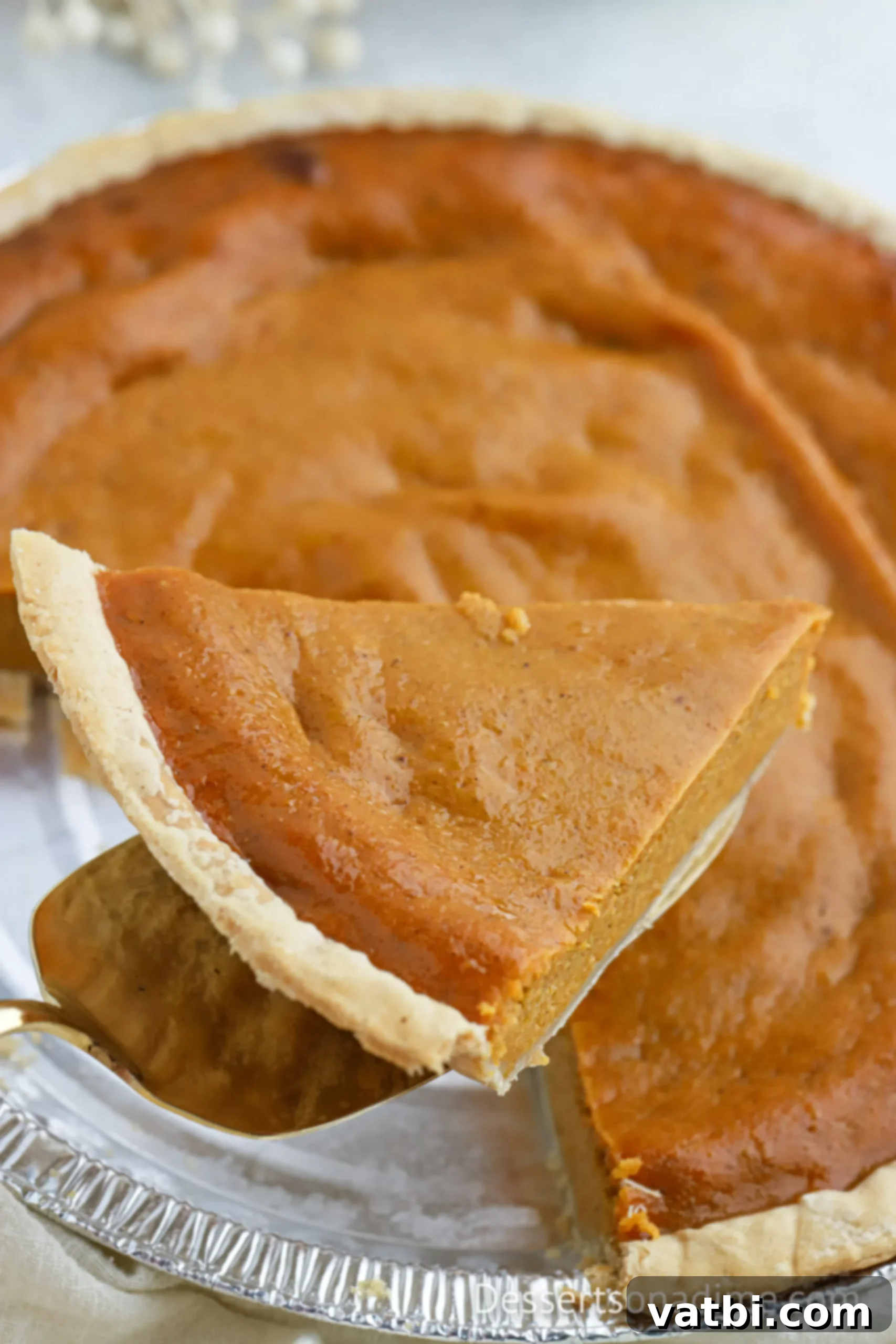 A baked Eagle Brand Pumpkin Pie, with a piece being carefully sliced and served onto a plate, showcasing its creamy filling and golden crust.