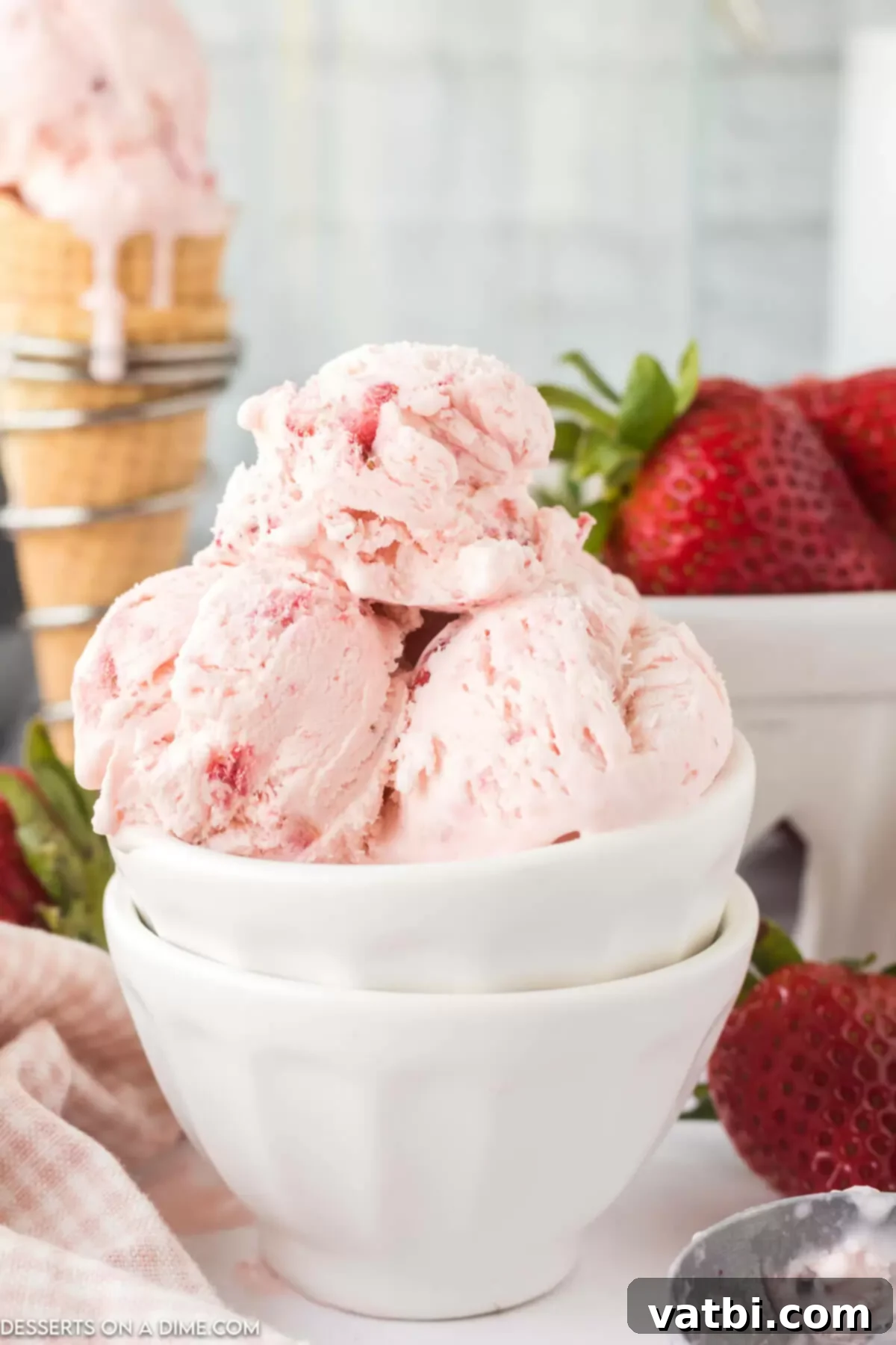 Easy No-Churn Strawberry Ice Cream 11 A beautifully scooped bowl of homemade no-churn strawberry ice cream, ready to be enjoyed as a refreshing dessert.