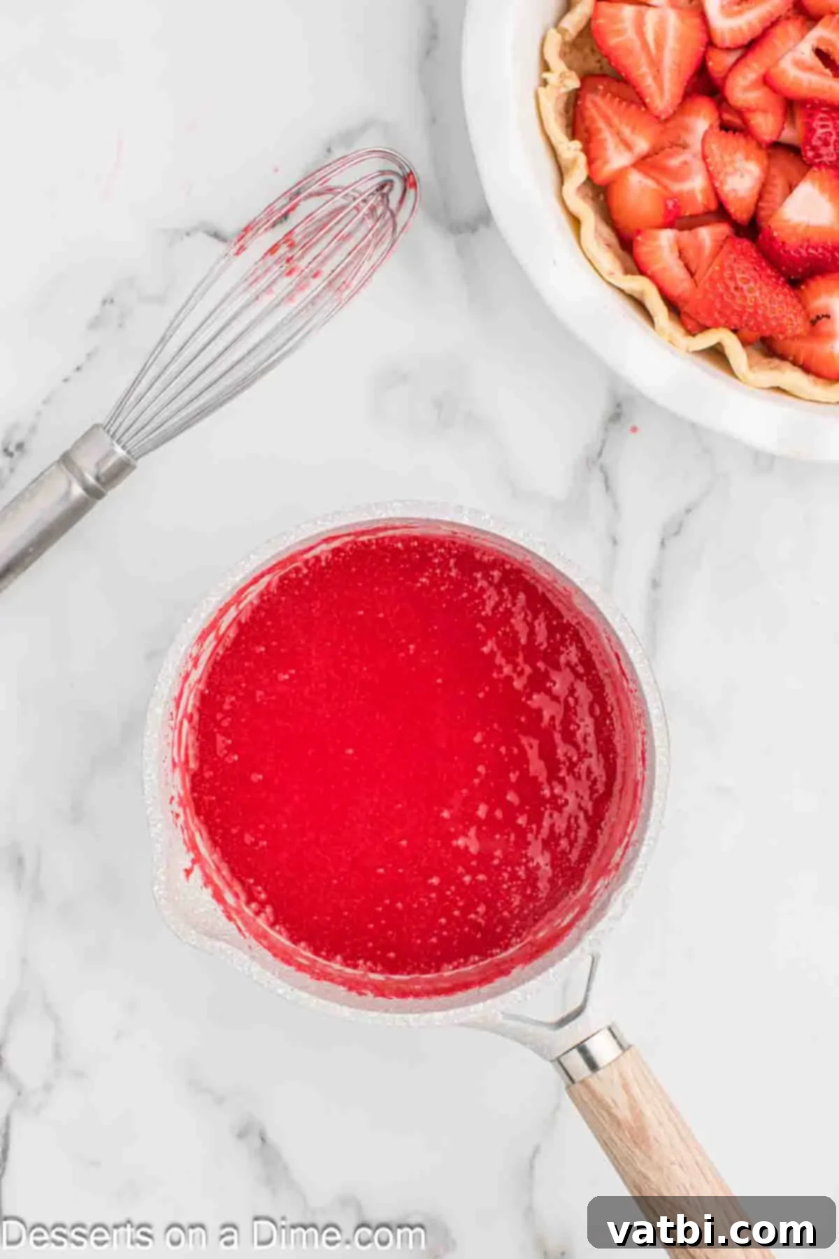 Perfect Strawberry Pie 7 Gelatin added to mixture and combined in saucepan.