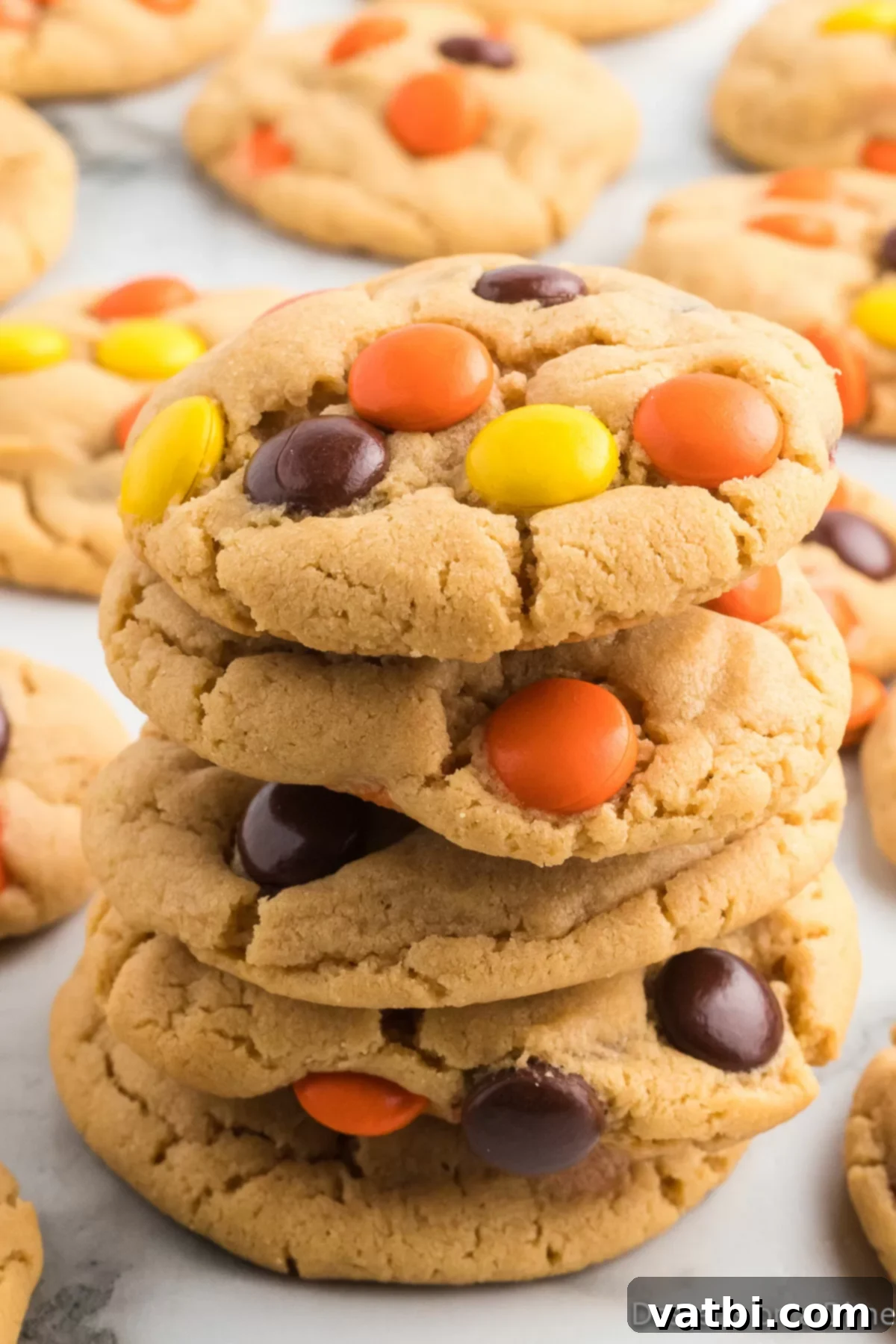 Reese's Pieces Peanut Butter Perfection 2 Stack of perfectly baked Reese's Pieces Cookies, showcasing their vibrant colors and chewy texture.