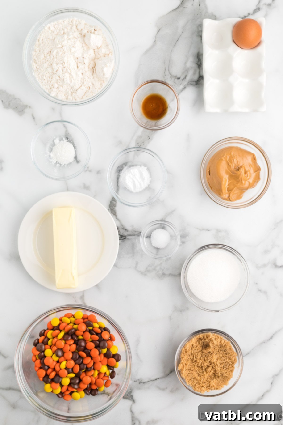 Reese's Pieces Peanut Butter Perfection 3 Collection of ingredients for baking Reese's Pieces Cookies including butter, peanut butter, brown sugar, granulated sugar, egg, vanilla extract, flour, baking soda, cornstarch, salt, and Reese's Pieces.