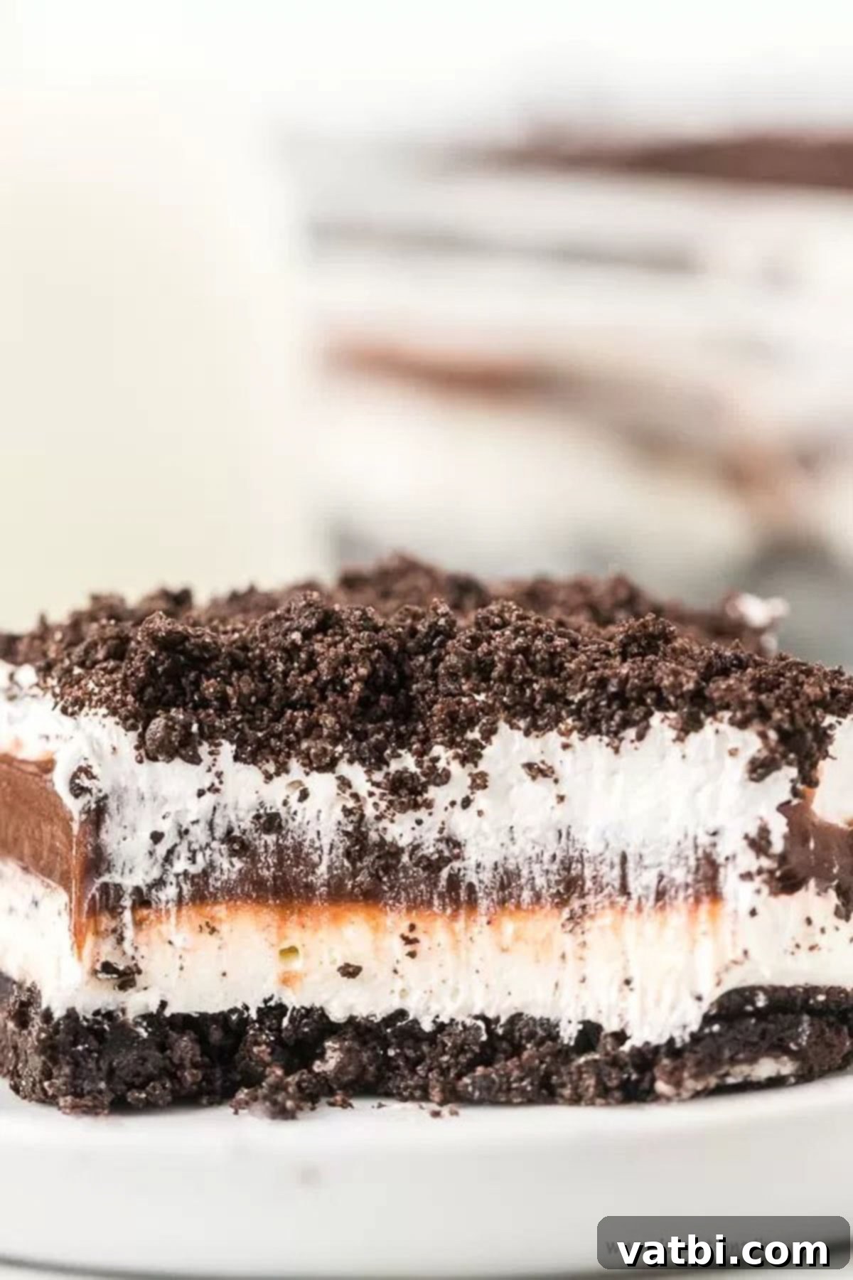 Layers of oreo cookies, pudding and an amazing cream cheese layer make this Oreo Lasagna Recipe heavenly. It is the perfect no bake dessert and so easy. Chocolate fans will love this chocolate oreo lasagna. #dessertonadime #oreolasagnarecipe #oreolasagnarecipecoolwhip Chocolate Lasagna sliced on a plate, showcasing its delicious layers