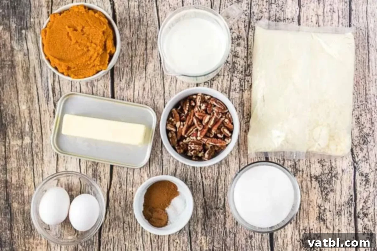 Key Ingredients for Easy Pumpkin Pie Cake Ingredients for pumpkin pie cake recipe including canned pumpkin, evaporated milk, sugar, cinnamon, pumpkin pie spice, yellow cake mix, and pecans.