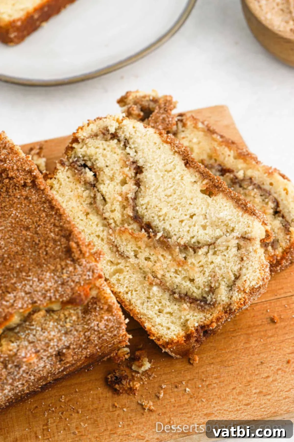 Cinnamon Sugar Snickerdoodle Bread 11 Perfectly baked slices of Snickerdoodle Bread, showing the beautiful cinnamon swirls.