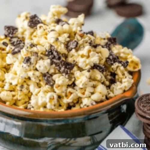 Gourmet Popcorn Creations 20 Cookies and Cream Popcorn with crushed Oreos and white chocolate.