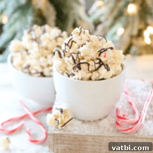 Gourmet Popcorn Creations 23 Peppermint Bark Popcorn with vanilla candy coating and crushed candy canes.