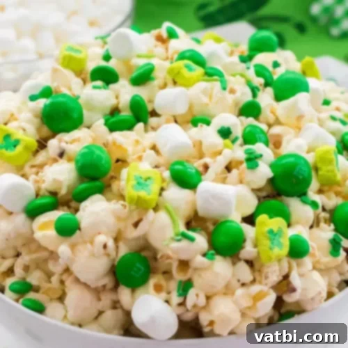 Gourmet Popcorn Creations 27 St. Patrick’s Day Popcorn with M&M’s, marshmallows, and sprinkles.