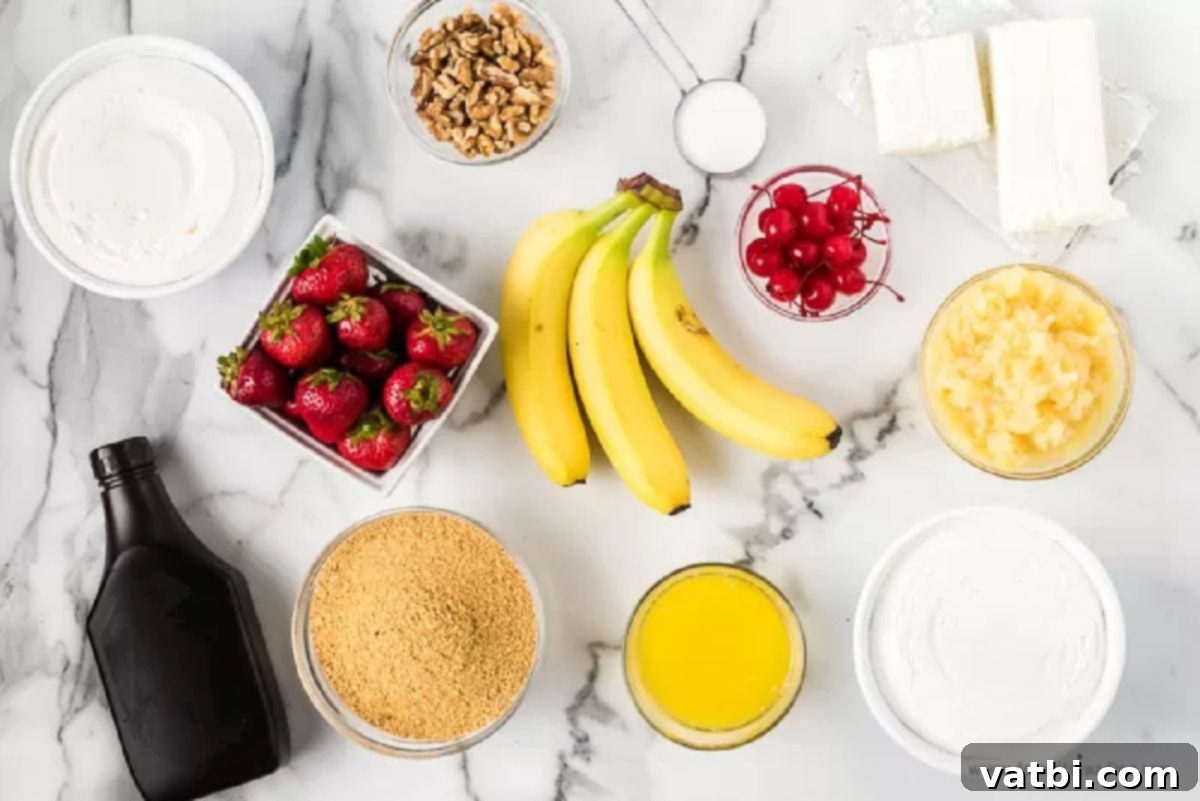 Ingredients needed - graham cracker crumbs, butter, cream cheese, sugar, cool whip, slice banana, pineapple, walnuts, chocolate syrup, cherries
