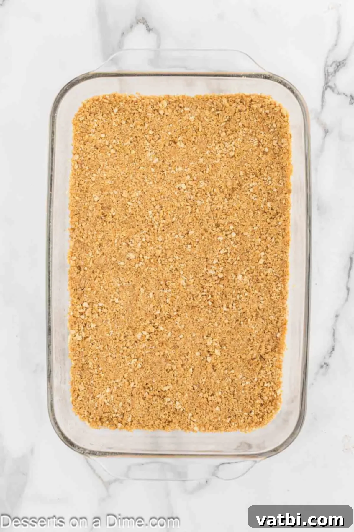 Crushed graham cracker crumbs in baking dish. 