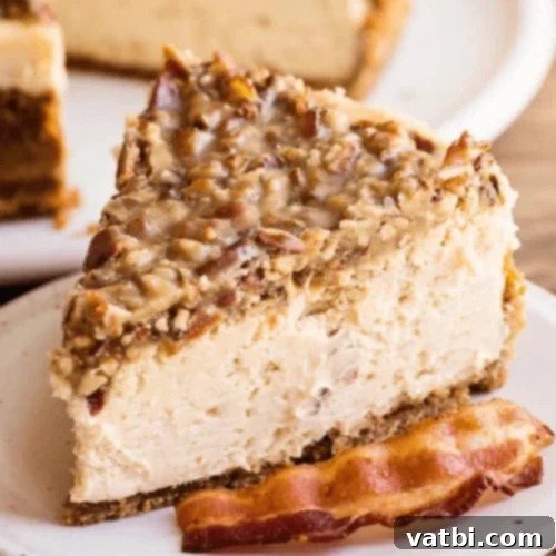 Slice of Maple Bacon Cheesecake topped with bacon and caramel.