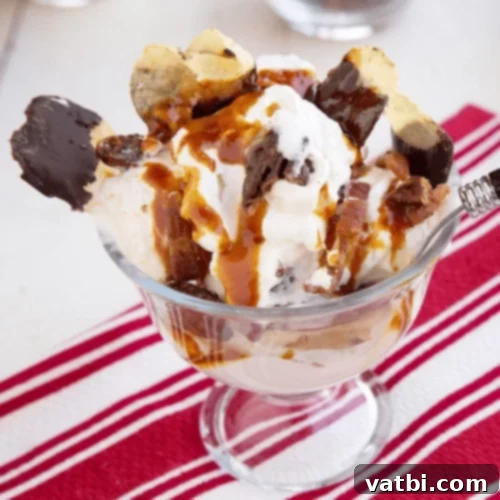 Candied Maple Bacon Sundae with ice cream and toppings.