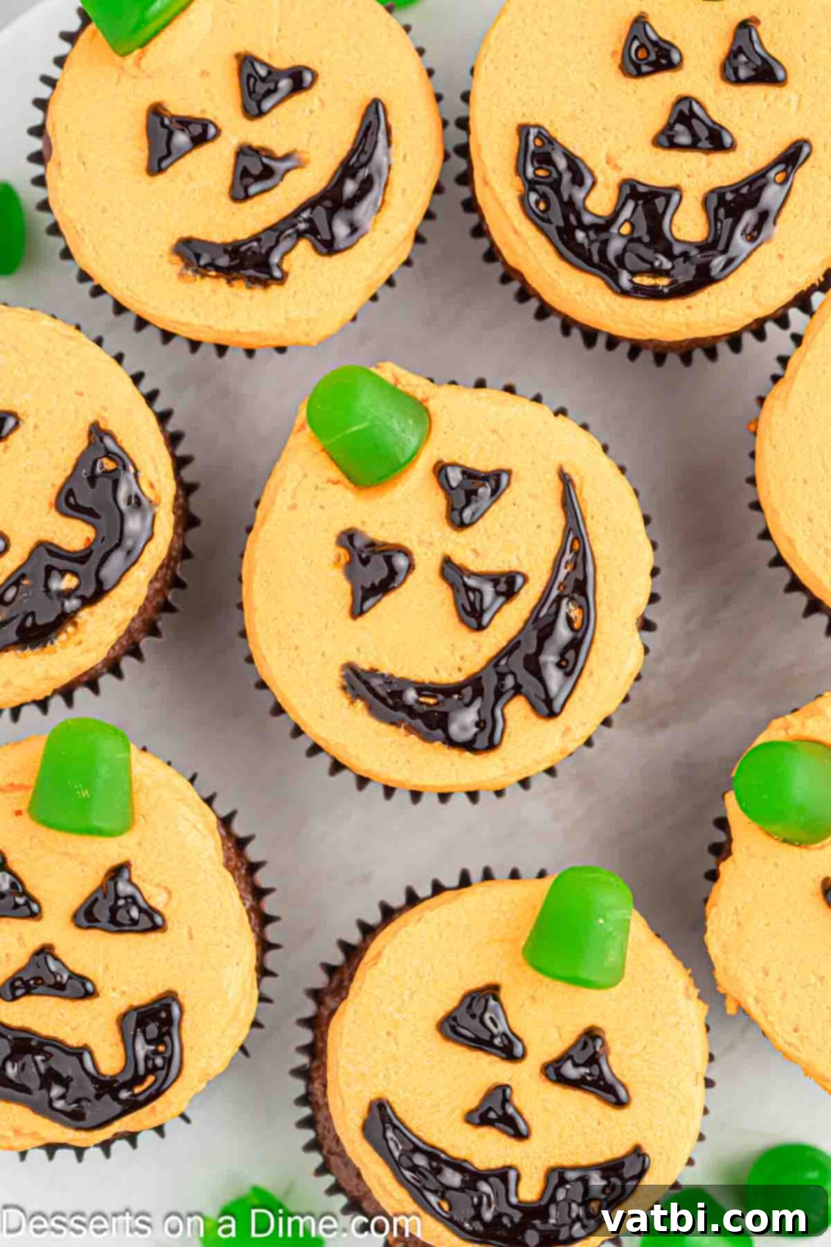 Carved Pumpkin Cupcakes 10 A festive display of finished Jack-O-Lantern Cupcakes, close up and ready to enjoy.