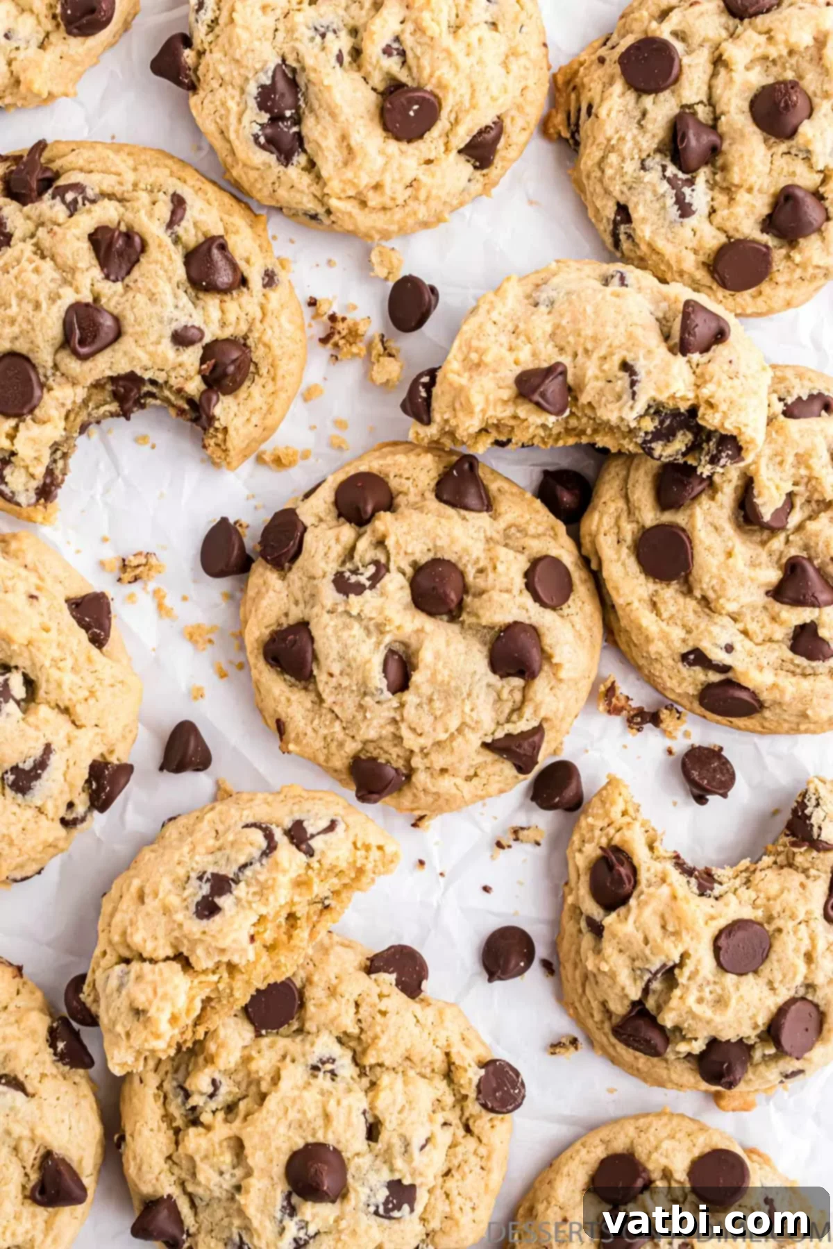 Decadent Cream Cheese Chocolate Chip Cookies 12 An array of freshly baked, soft, and chewy cream cheese chocolate chip cookies cooling on a countertop.