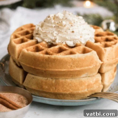 53 Holiday Eggnog Delights 13 Eggnog waffles, a festive and warm December breakfast.