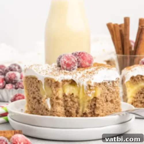 53 Holiday Eggnog Delights 30 Moist spice cake with eggnog pudding filling, topped with whipped cream.