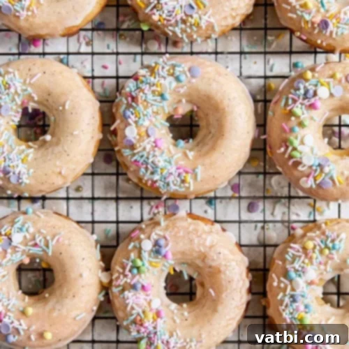 Irresistible Donut Ideas 31 Baked Vanilla Bean Doughnuts with festive sprinkles.