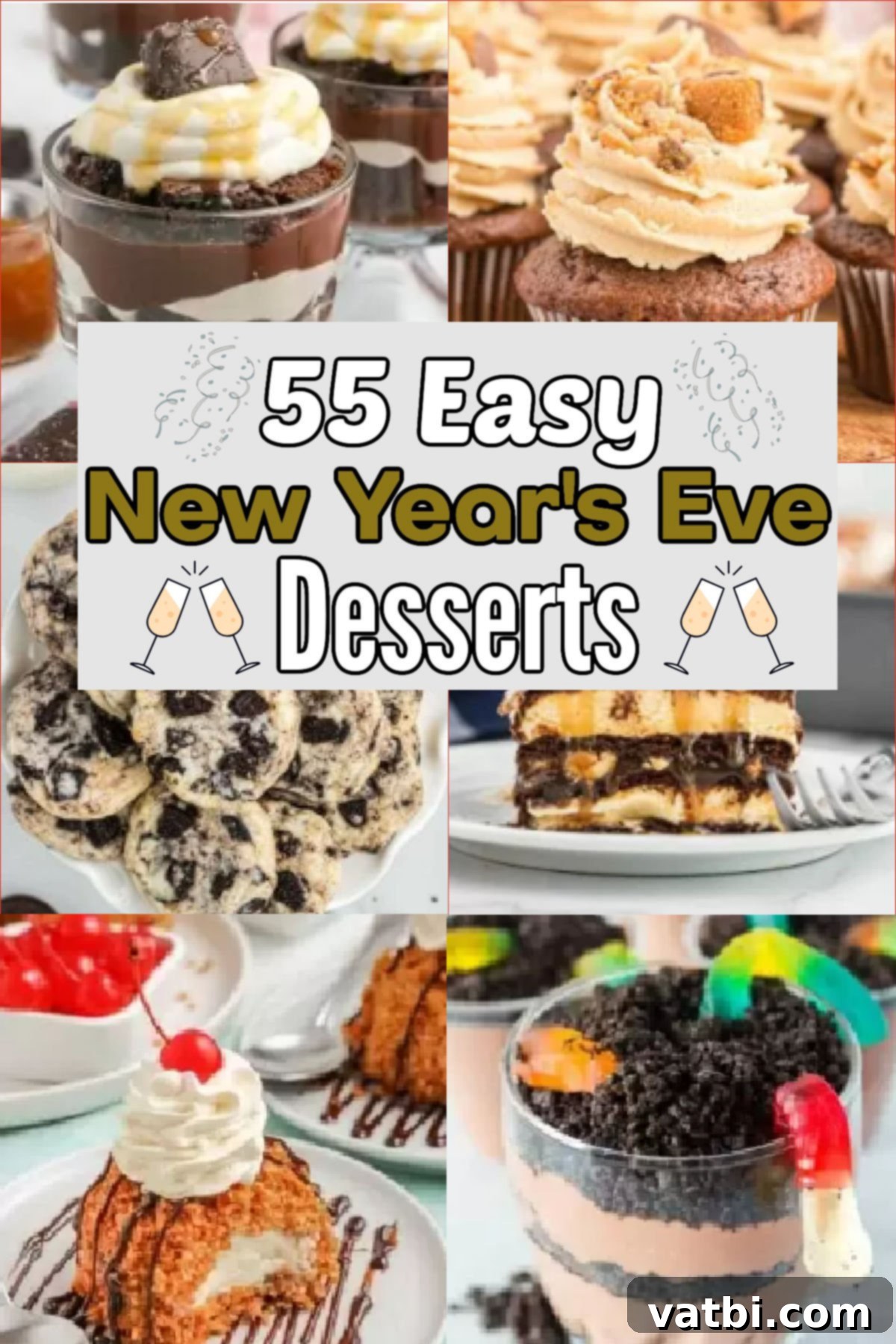 55 Sweet Endings for New Year's Eve 2 On New Year’s Eve, indulge yourselves with the best New Year’s Eve desserts for kids and adults. We’ve rounded up 55 easy and delicious New Year’s Eve dessert ideas that you can enjoy as the new year countdown begins! #dessertsonadime #newyearsevedesserts #bestnewyearsevedesserts