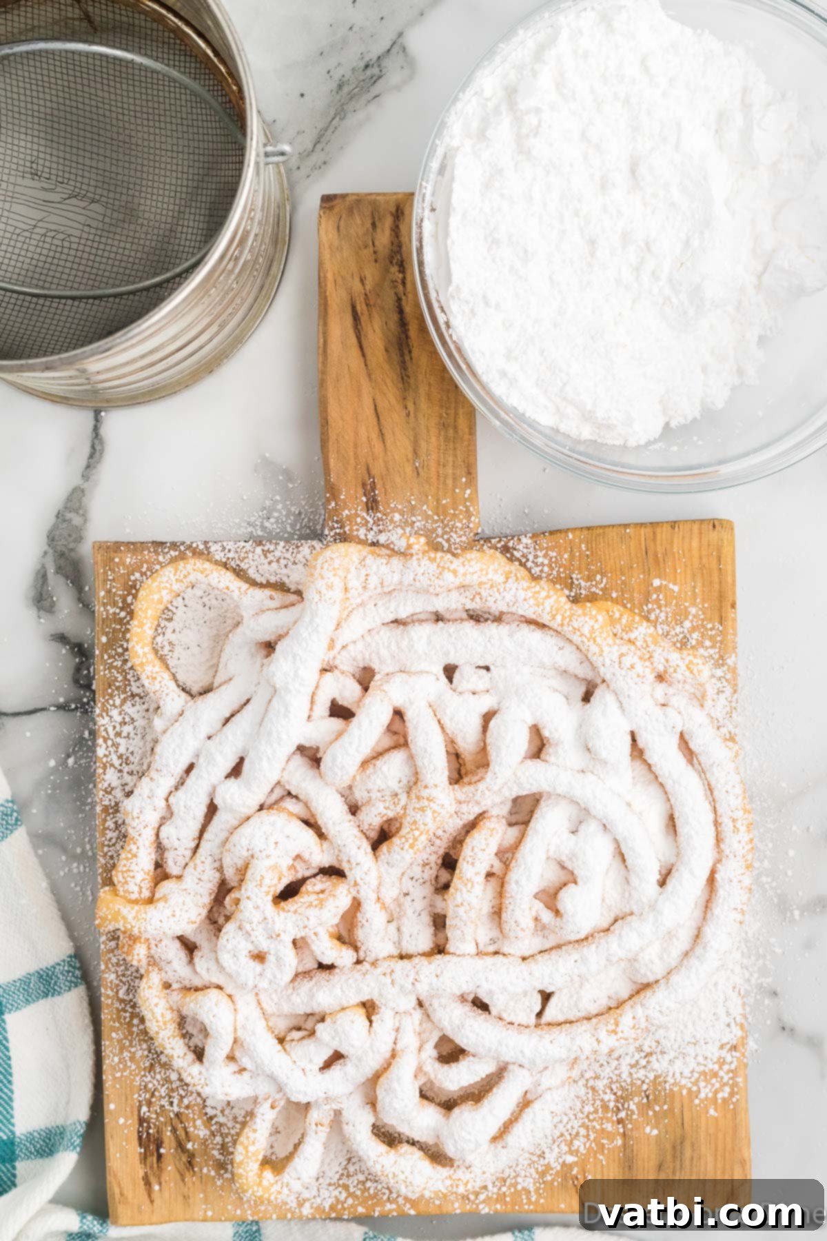Sweet Funnel Cake Perfection 10 A fresh funnel cake generously topped with powdered sugar.