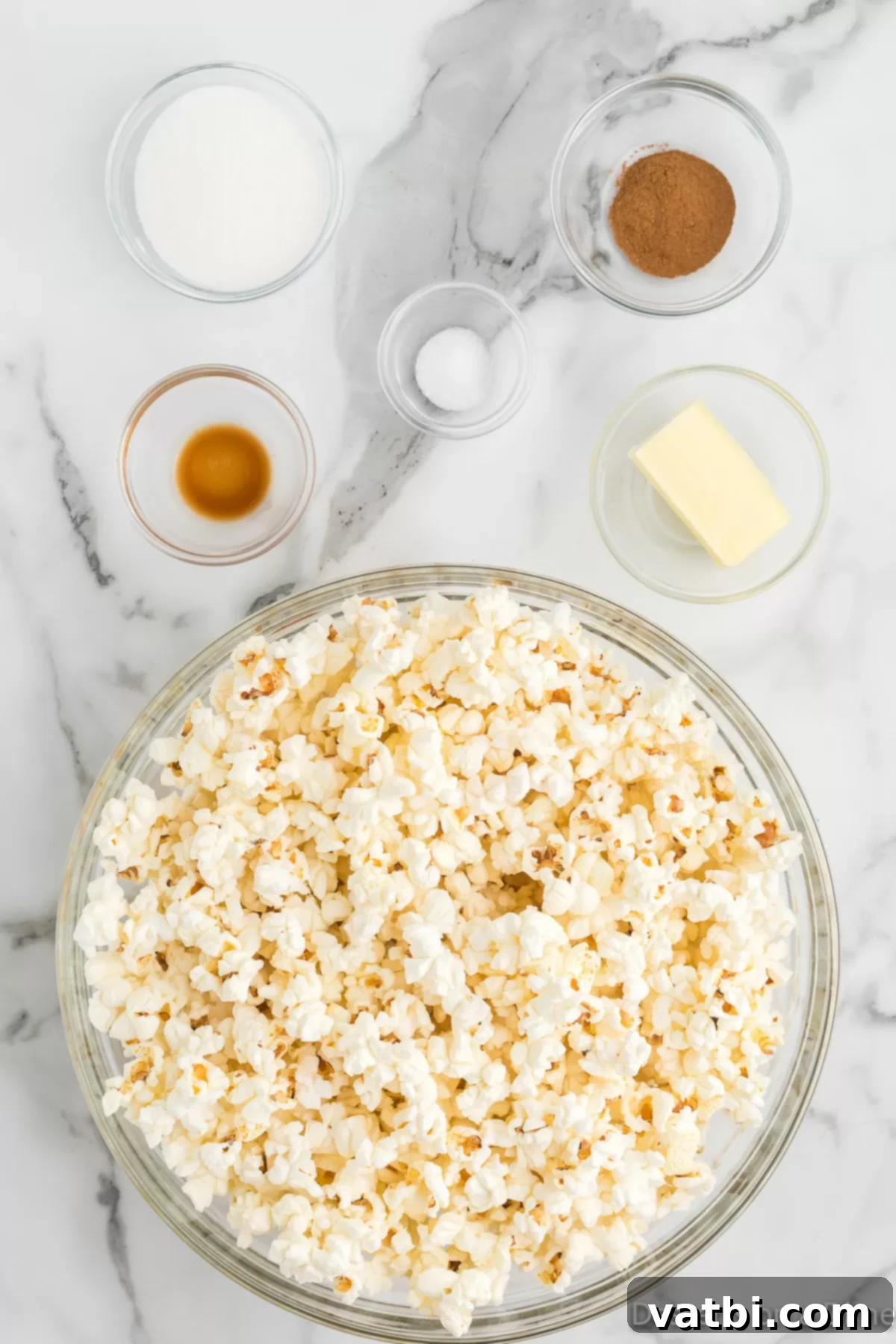 Autumn Spice Popcorn Bliss 3 Ingredients for Pumpkin Popcorn - butter, salt, vanilla, popcorn.