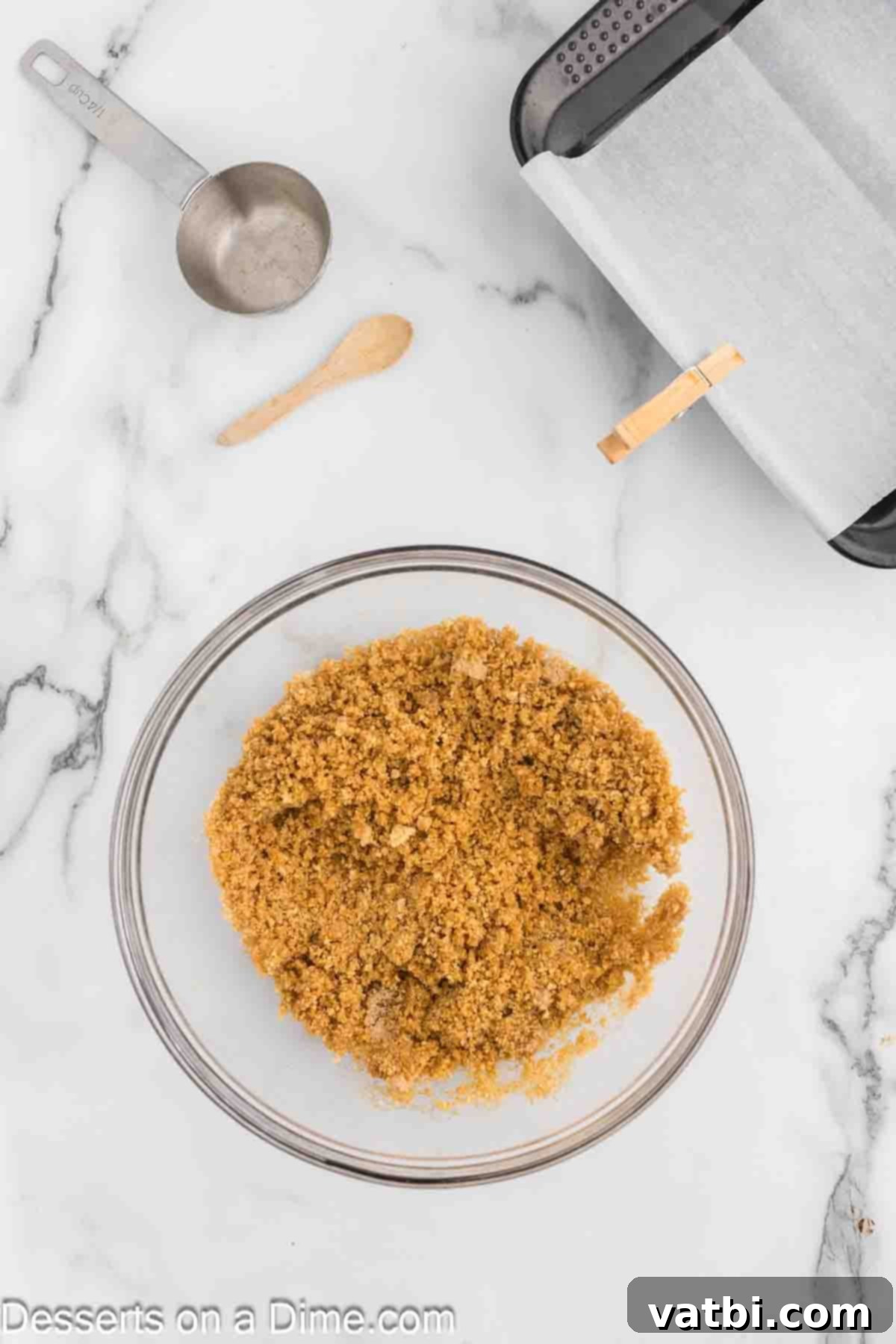 Graham cracker crumbs in a bowl, ready for mixing to form the crust.