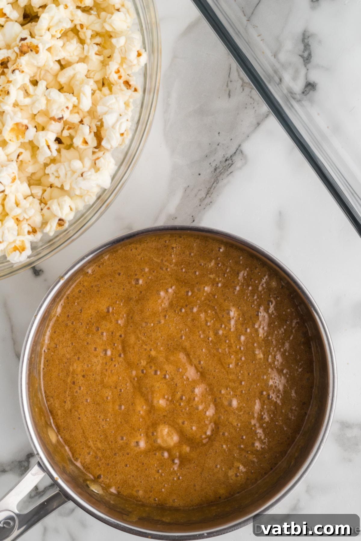 Buttery Toffee Bliss Popcorn 8 The toffee mixture is a deep golden color after boiling.