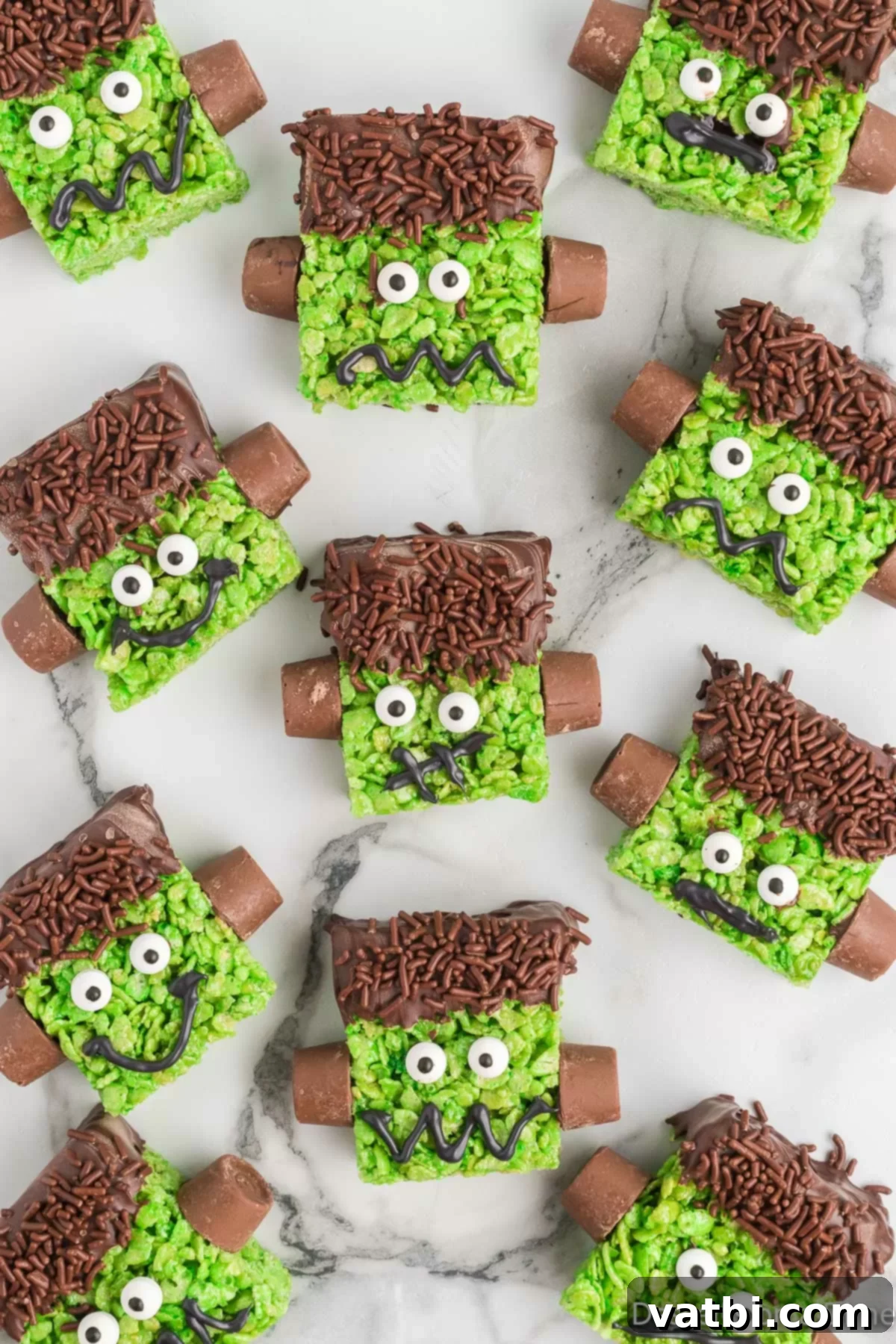 Frankenstein rice krispie treats decorated and ready to enjoy. 