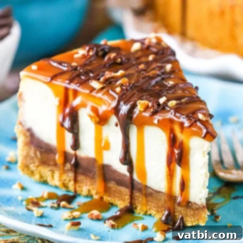 Turtle Cheesecake with caramel, chocolate, and pecans.