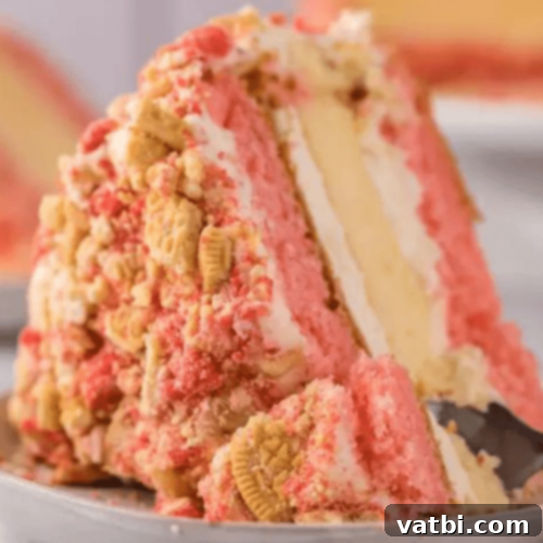Strawberry Shortcake Cheesecake with layers of cake, cheesecake, and crumb topping.