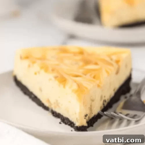 Caramel Cheesecake with Oreo Crust, drizzled with caramel.