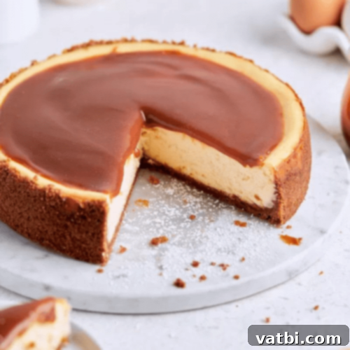 Creamy Salted Caramel Cheesecake slice with generous caramel drizzle.