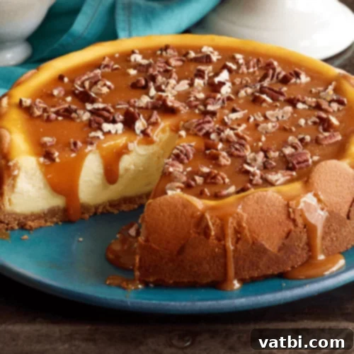 Praline Cheesecake with caramel drizzle.