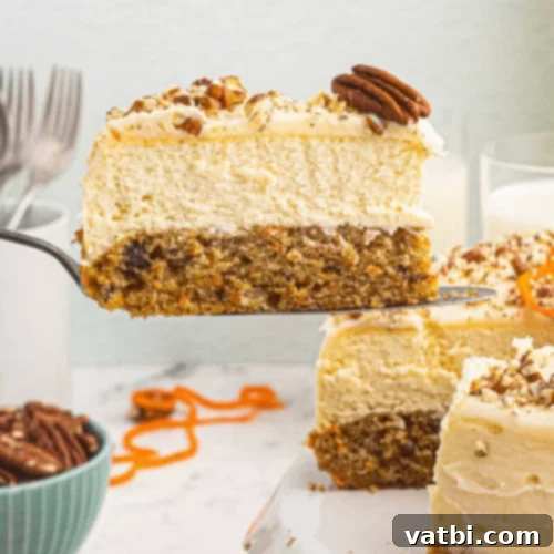 Carrot Cake Cheesecake with a thick layer of frosting.