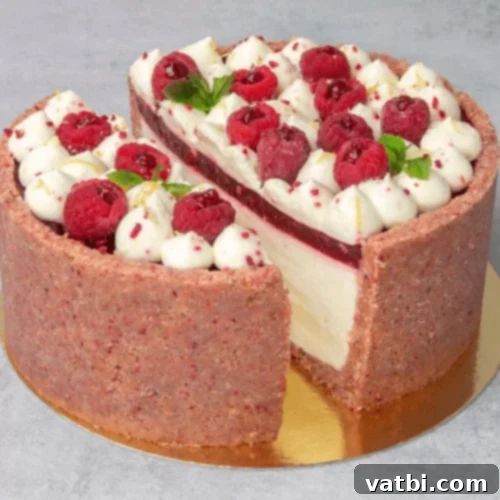 No Bake Raspberry Lemonade Cheesecake with raspberries and lemon slices.