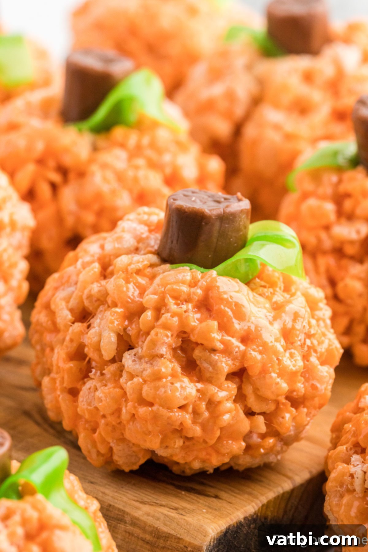 Autumn Rice Krispie Pumpkin Treats 2 Pumpkin Rice Krispy Treats on a wooden board.