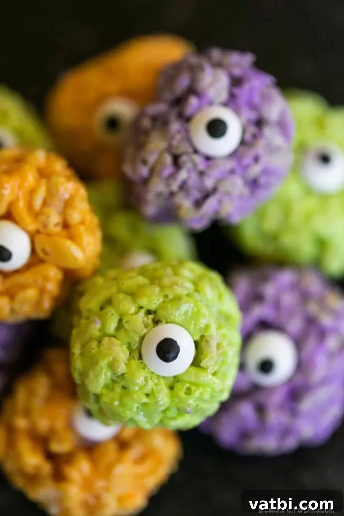 Monster Eye Ball rice krispie treats are so fun for Halloween. Make these easy and colorful monster rice krispie treats for a tasty snack or dessert. Little kids will love these green monster treats for birthday parties and Halloween parties. #dessertonadime #monsterricekrispietreatshalloween Monster Rice Krispie Treats in orange green and purple stacked together, decorated with candy eyeballs, perfect for a Halloween party dessert table.